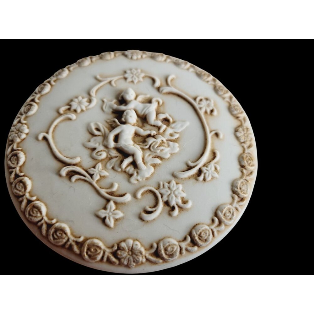 Vintage Lefton Trinket Box Bisque Cherub Design Round Nightstand Container With - Picture 5 of 9